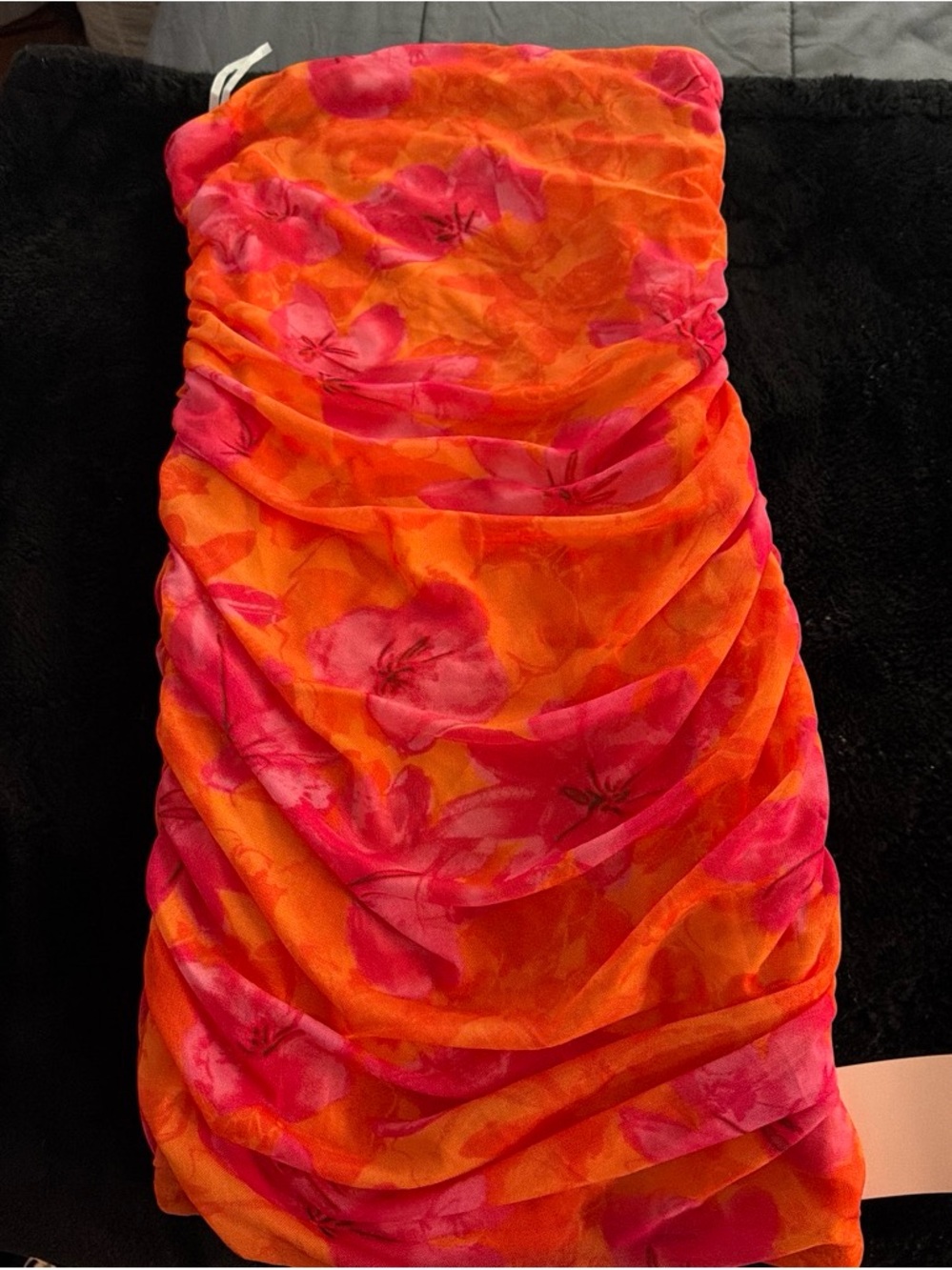 Strapless Ruched Floral Tube Dress - Pink & Orange